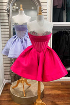 Trendy Fuchsia Corset A Line Strapless Short Homecoming Dress with Beadings
