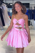 A Line Pink Spaghetti Straps Tiered Short Homecoming Dress with Bow