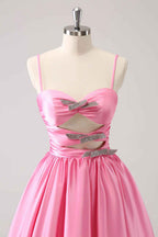 A Line Pink Spaghetti Straps Tiered Short Homecoming Dress with Bow