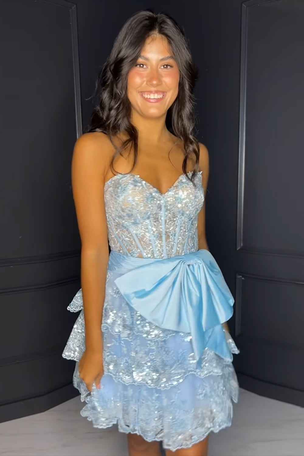 Red Sparkly Strapless A Line Short Homecoming Dress with Bow