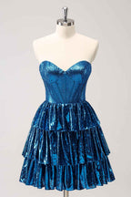 Sparkly Peacock Blue Sweetheart Ruffled Short Homecoming Dress Bmbride
