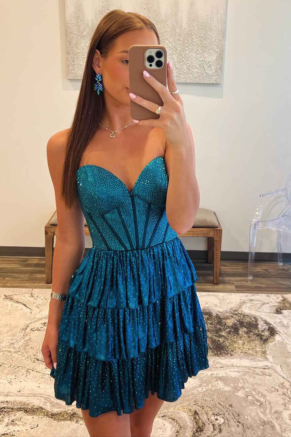 Sparkly Peacock Blue Sweetheart Ruffled Short Homecoming Dress Bmbride