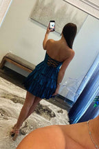 Sparkly Peacock Blue Sweetheart Ruffled Short Homecoming Dress Bmbride