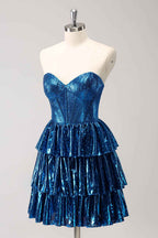 Sparkly Peacock Blue Sweetheart Ruffled Short Homecoming Dress Bmbride
