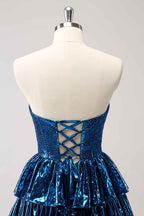Sparkly Peacock Blue Sweetheart Ruffled Short Homecoming Dress Bmbride