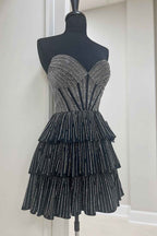 Sparkly Black A Line Corset Short Homecoming Dress With Ruffles Bmbride