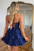 Sparkly Black A Line Corset Short Homecoming Dress With Ruffles Bmbride