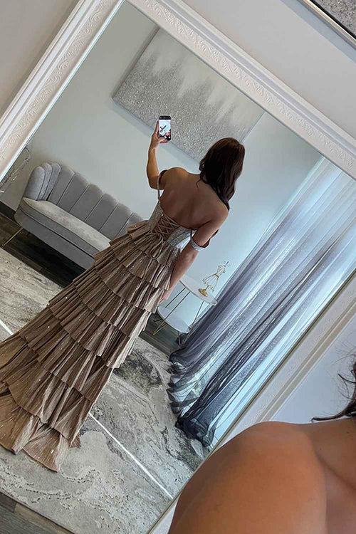 Sparkly Gold Off the Shoulder A-Line Tiered Long Corset Prom Dress with Beading BMBRIDE
