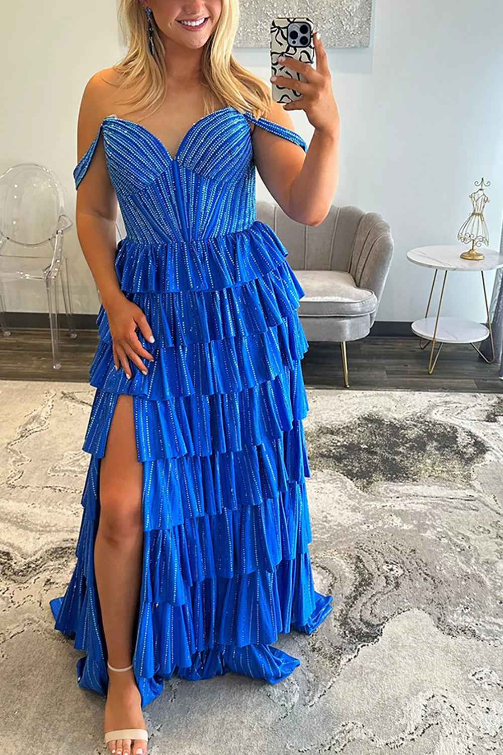 Sparkly Gold Off the Shoulder A-Line Tiered Long Corset Prom Dress with Beading
