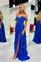 Sparkly Gold Off the Shoulder A-Line Tiered Long Corset Prom Dress with Beading