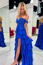 Sparkly Gold Off the Shoulder A-Line Tiered Long Corset Prom Dress with Beading