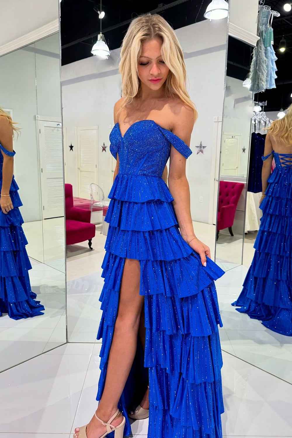 Sparkly Gold Off the Shoulder A-Line Tiered Long Corset Prom Dress with Beading