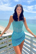 Peacock Blue Sparkly Beaded Strapless Tight Short Homecoming Dress