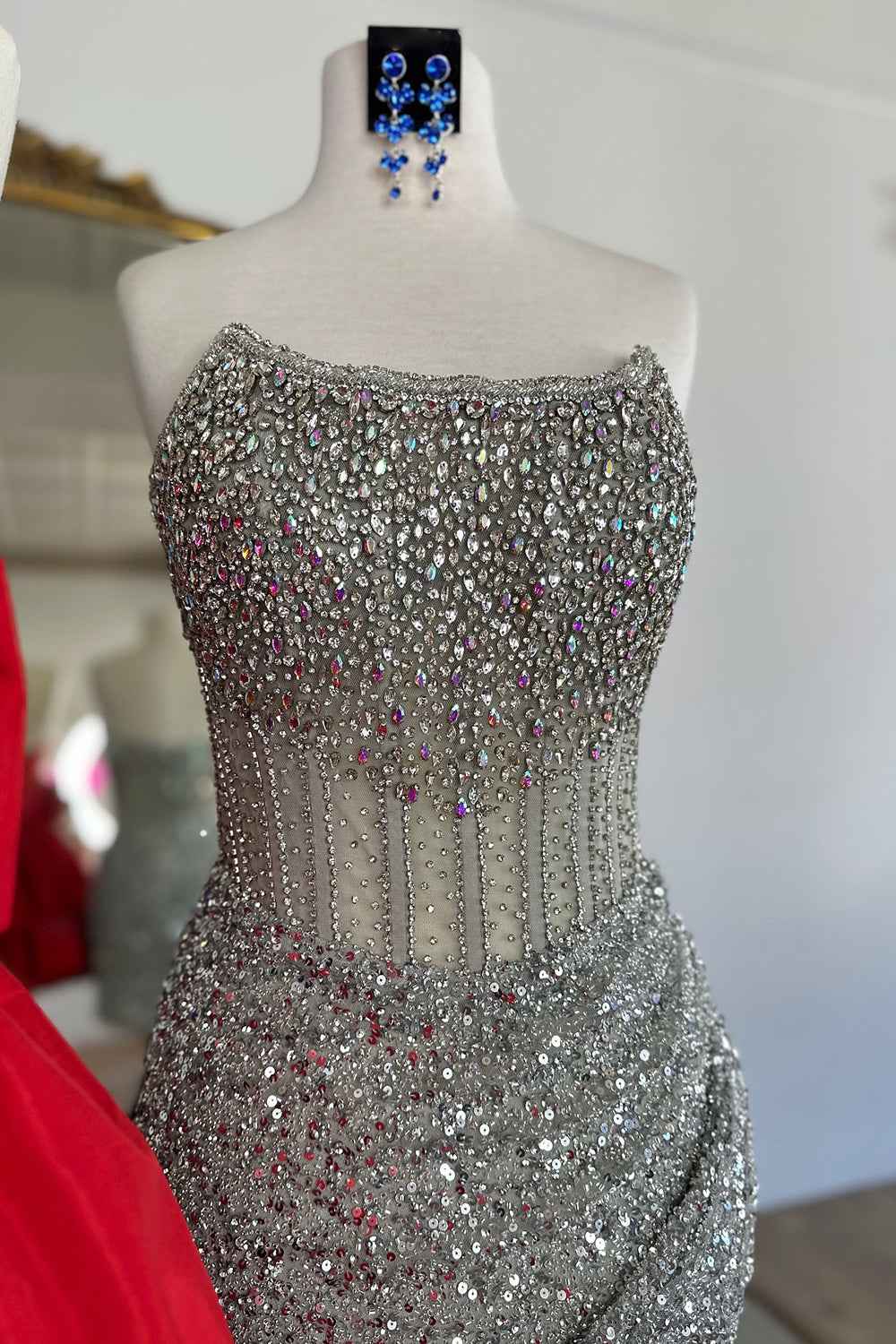 Peacock Blue Sparkly Beaded Strapless Tight Short Homecoming Dress