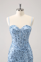 Fuchsia Sparkly Corset Tight Short Homecoming Dress with Beadings Bmbride