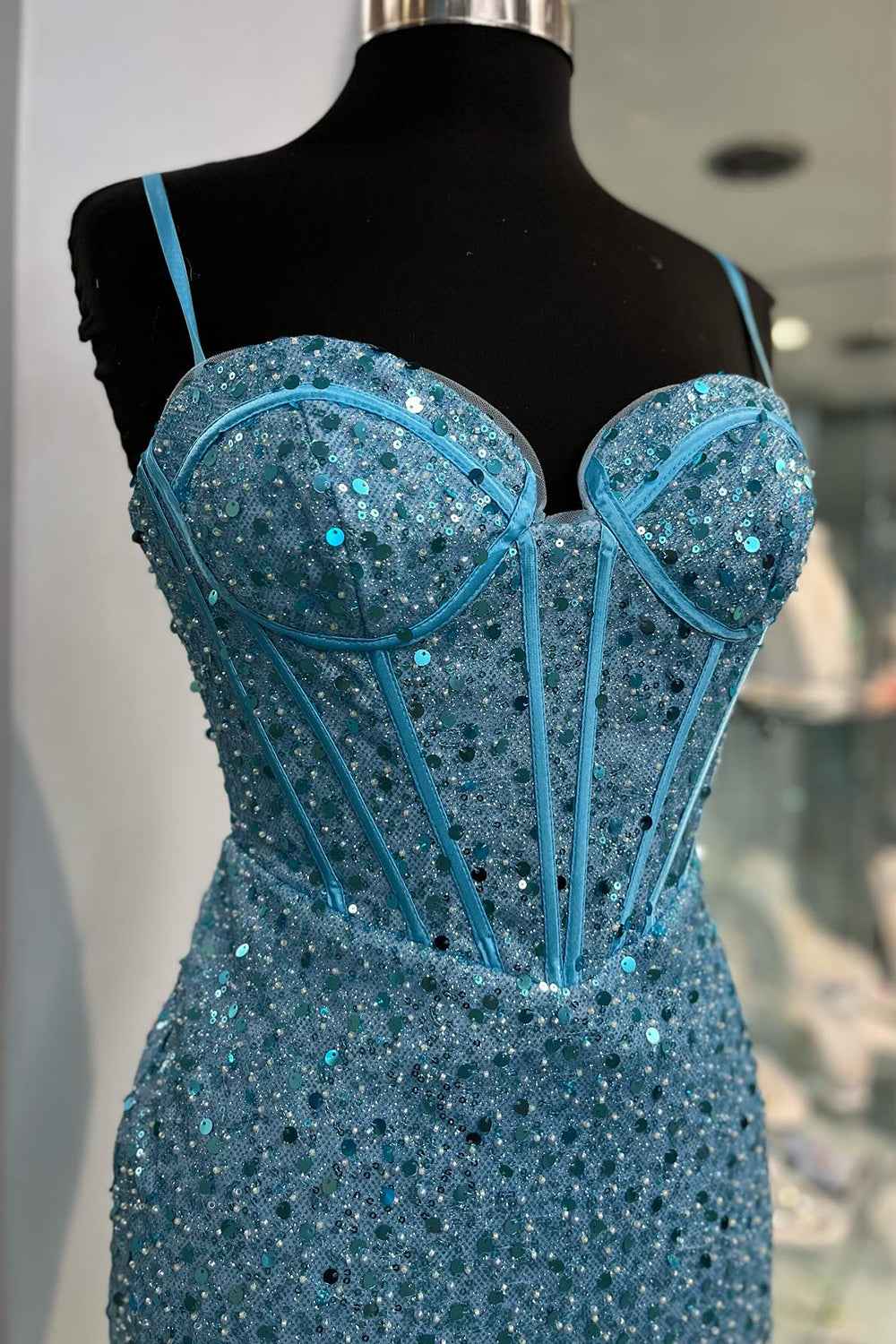 Sparkly Blue Spaghetti Straps Corset Tight Short Homecoming Dress Bmbride