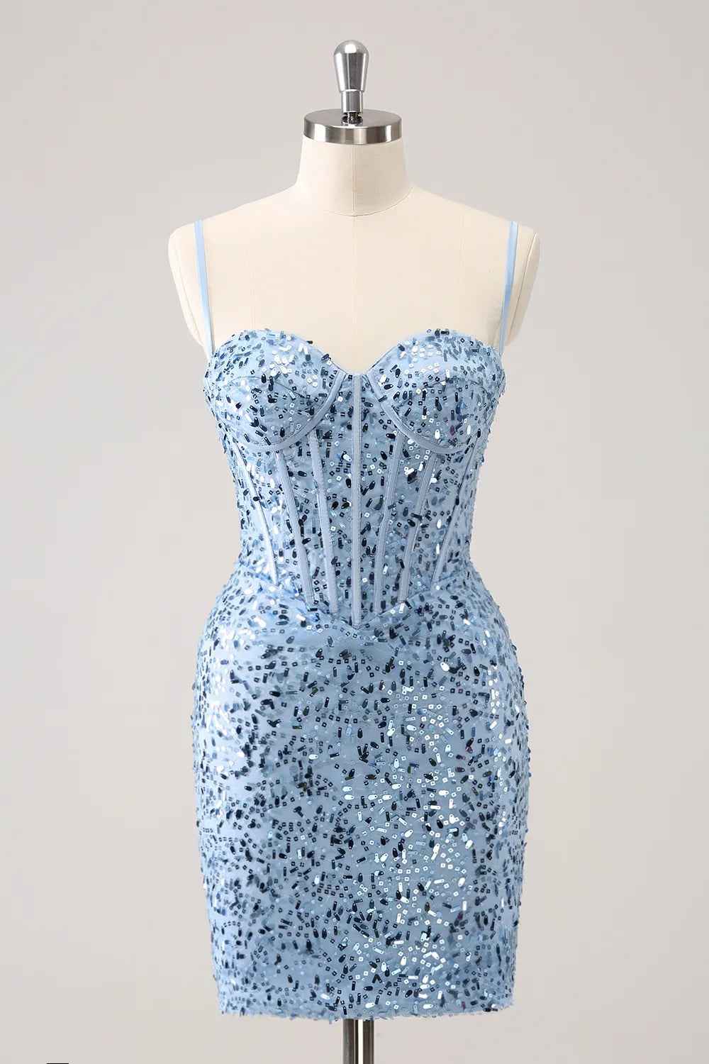 Sparkly Blue Spaghetti Straps Corset Tight Short Homecoming Dress Bmbride