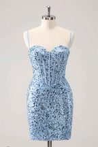 Sparkly Blue Spaghetti Straps Corset Tight Short Homecoming Dress Bmbride