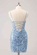 Sparkly Blue Spaghetti Straps Corset Tight Short Homecoming Dress Bmbride