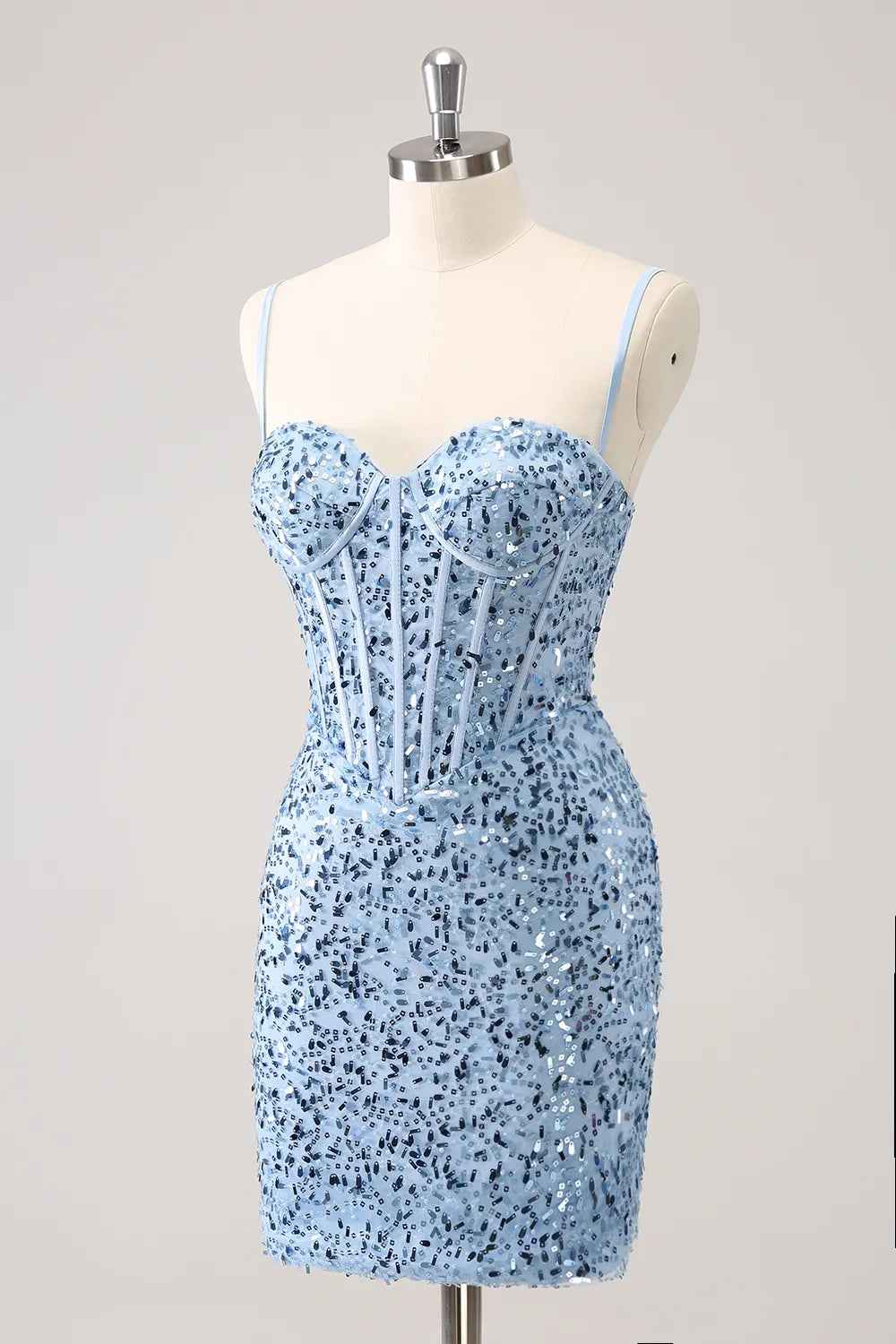 Sparkly Blue Spaghetti Straps Corset Tight Short Homecoming Dress Bmbride