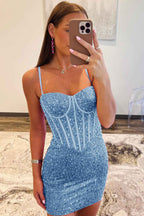 Sparkly Blue Spaghetti Straps Corset Tight Short Homecoming Dress Bmbride