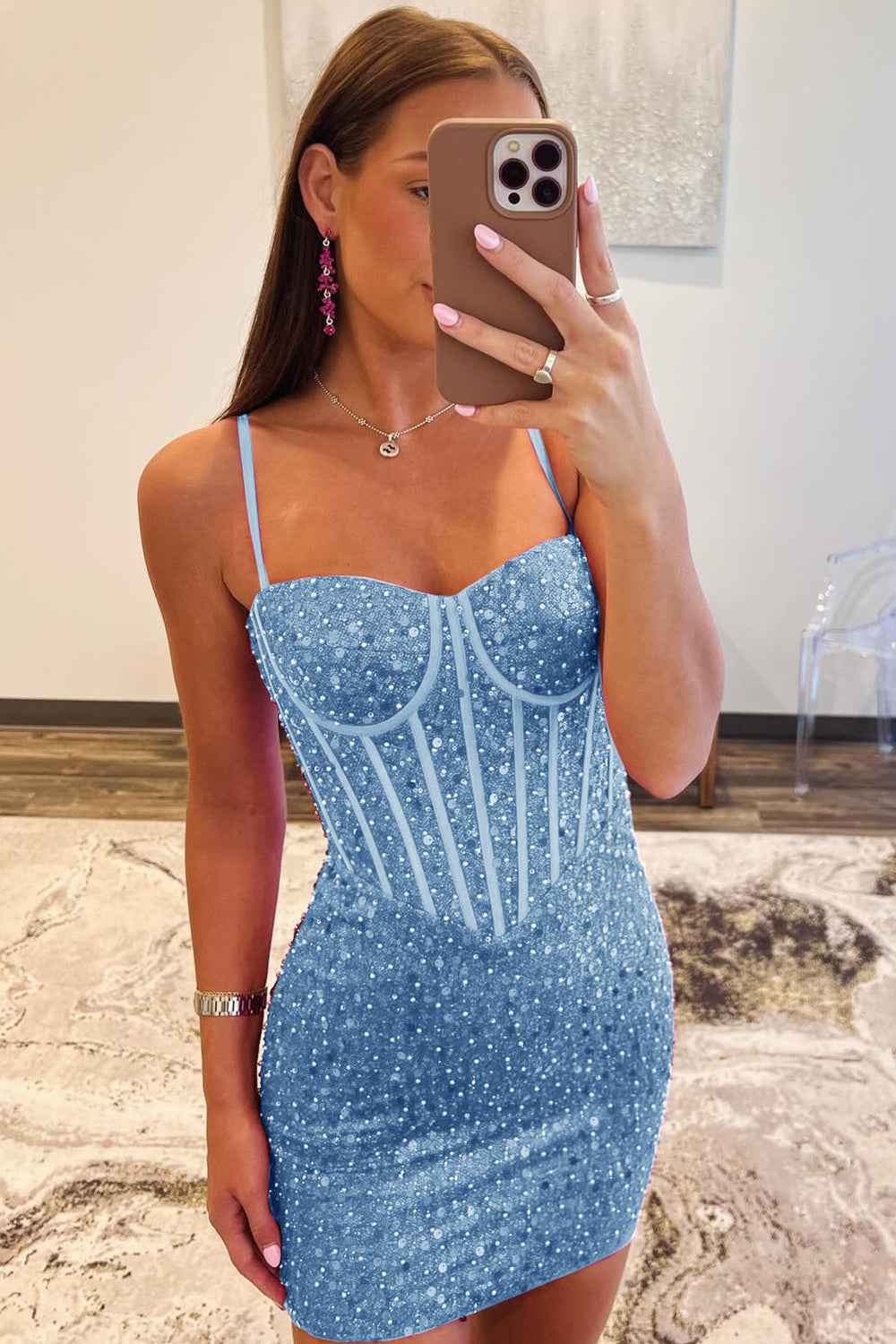 Sparkly Blue Spaghetti Straps Corset Tight Short Homecoming Dress Bmbride