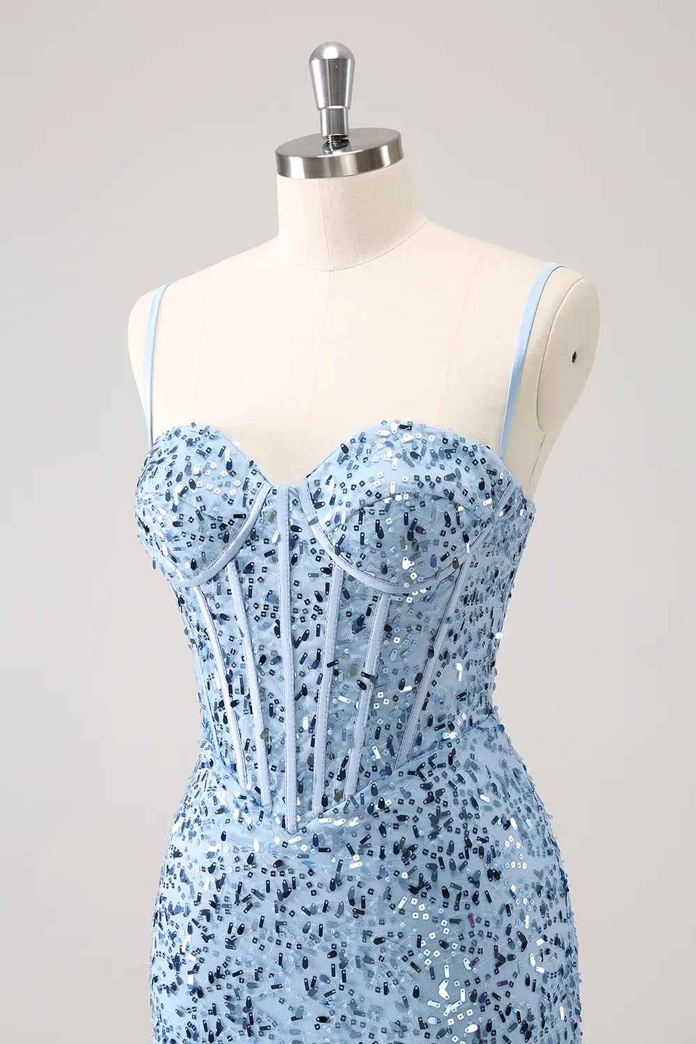 Sparkly Blue Spaghetti Straps Corset Tight Short Homecoming Dress Bmbride