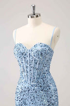 Sparkly Blue Spaghetti Straps Corset Tight Short Homecoming Dress Bmbride
