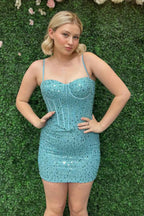 Sparkly Blue Spaghetti Straps Corset Tight Short Homecoming Dress Bmbride