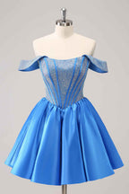 Red Sparkly Off The Shoulder Corset A Line Short Homecoming Dress