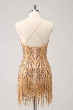 Sparkly Hot Pink Spaghetti Straps Sequins  Bodycon Short Homecoming Dress with Fringe