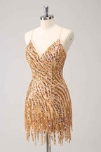 Sparkly Hot Pink Spaghetti Straps Sequins  Bodycon Short Homecoming Dress with Fringe