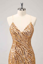 Sparkly Gold Sequined Spaghetti Straps Tight Short Homecoming Dress With Fringes