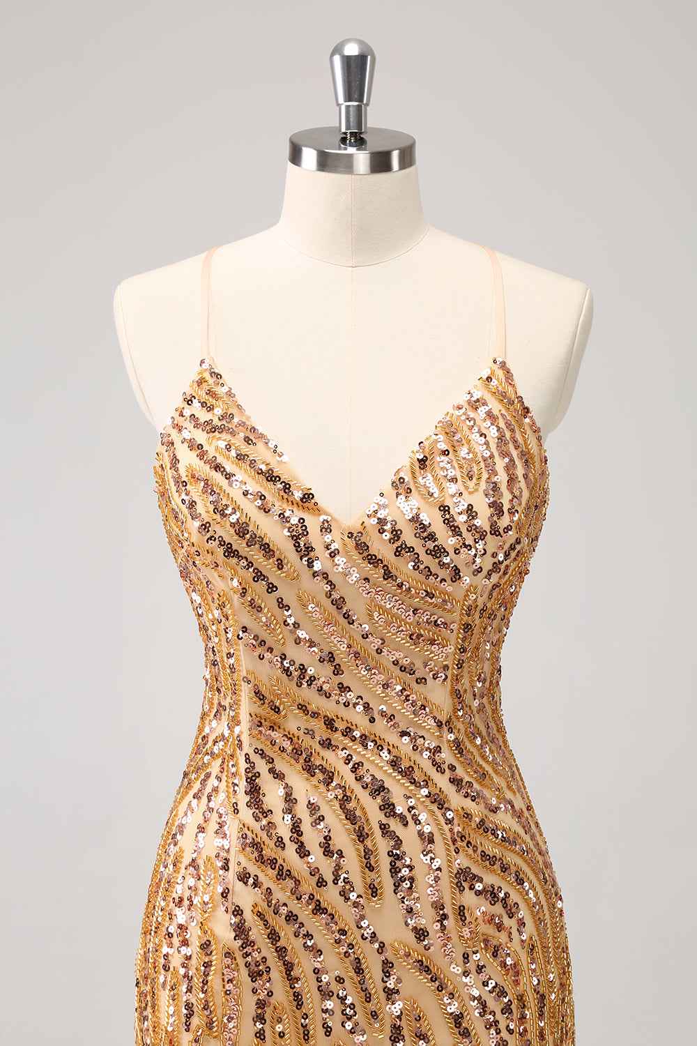 Sparkly Gold Sequined Spaghetti Straps Tight Short Homecoming Dress With Fringes