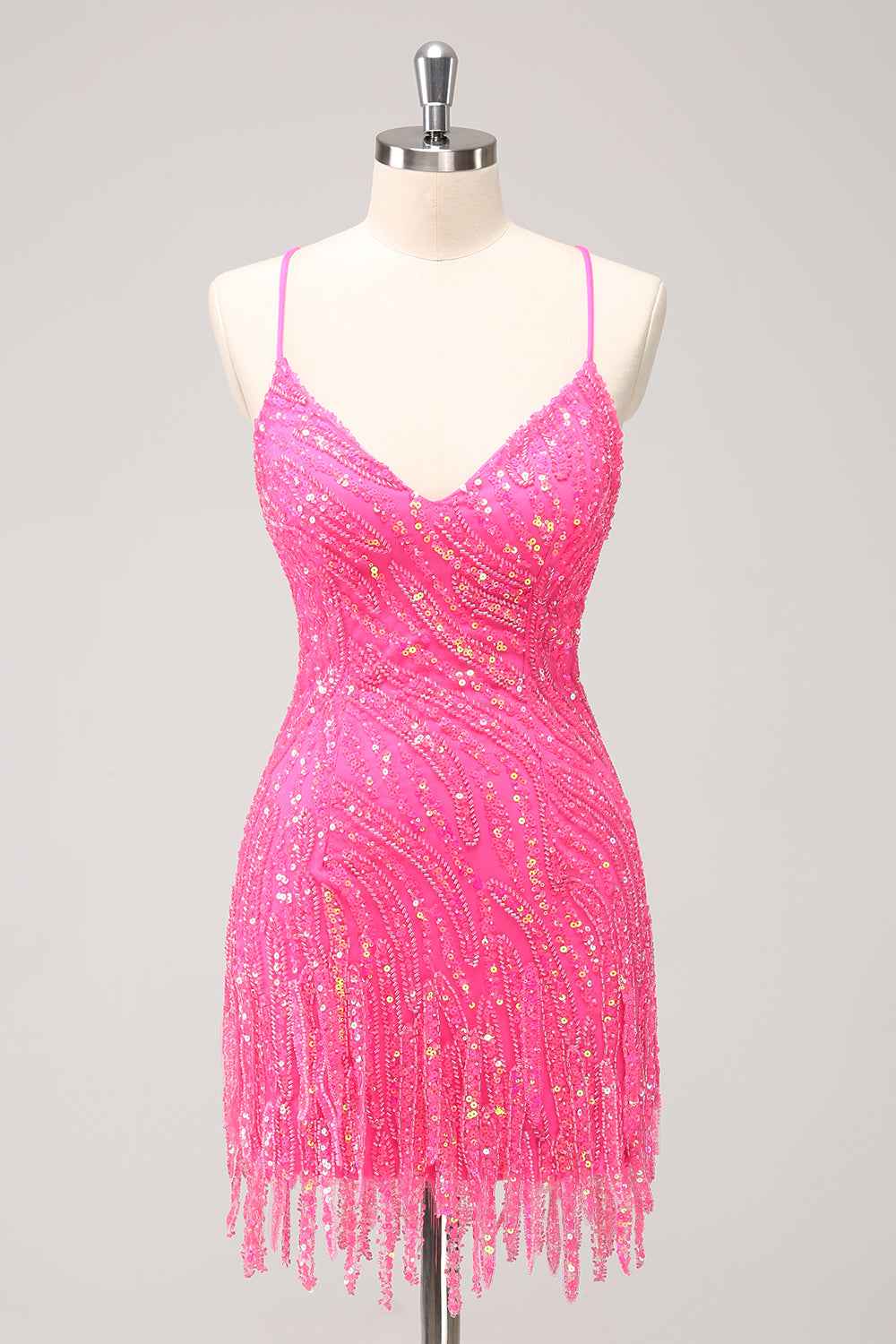 Sparkly Gold Sequined Spaghetti Straps Tight Short Homecoming Dress With Fringes