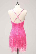 Sparkly Gold Sequined Spaghetti Straps Tight Short Homecoming Dress With Fringes