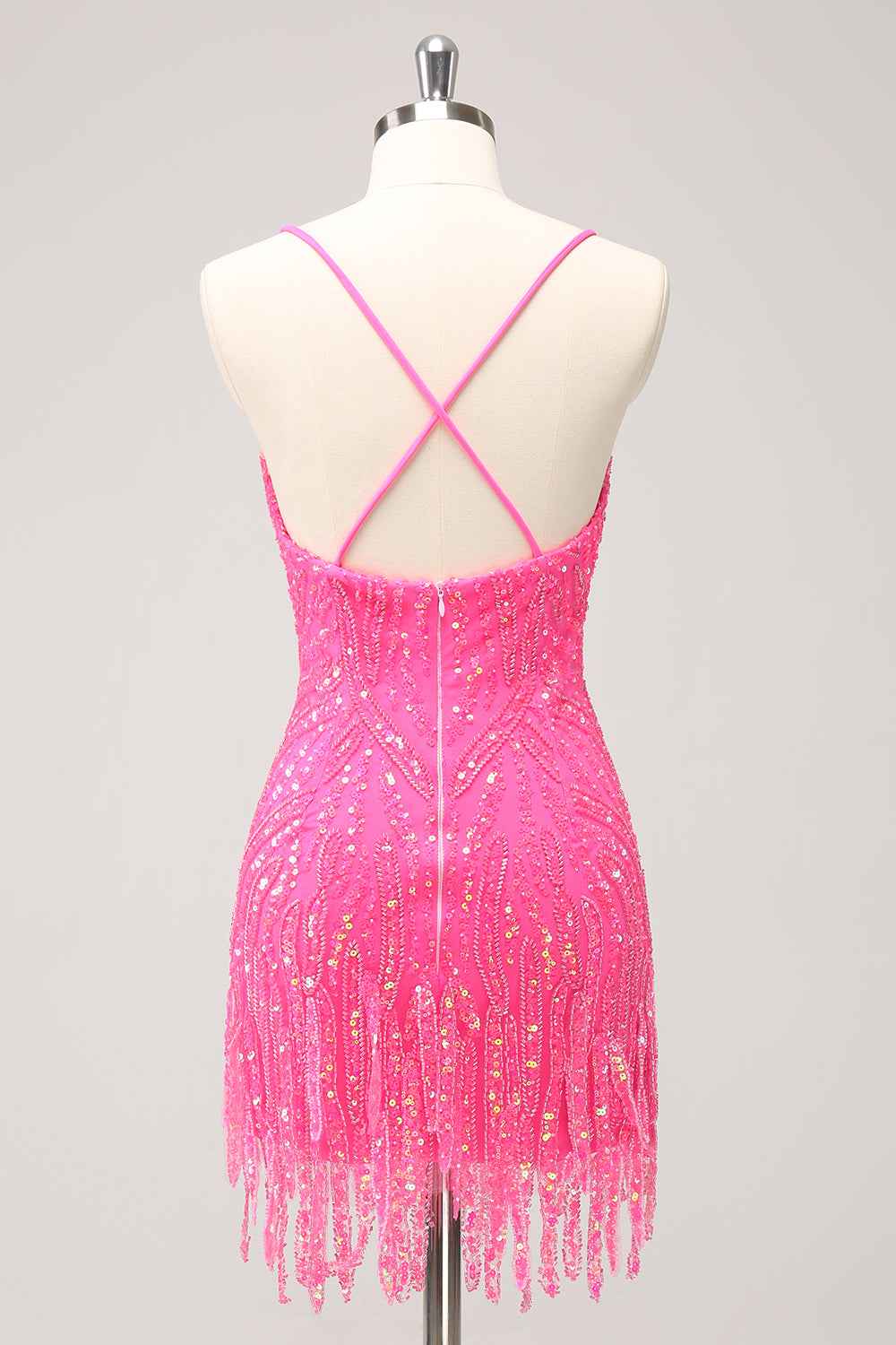 Sparkly Gold Sequined Spaghetti Straps Tight Short Homecoming Dress With Fringes