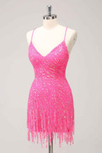 Sparkly Gold Sequined Spaghetti Straps Tight Short Homecoming Dress With Fringes
