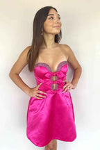 Sparkly A-Line Black Strapless Satin Short Homecoming Dress with Bow