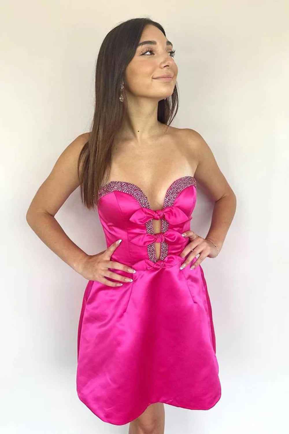 Sparkly A-Line Black Strapless Satin Short Homecoming Dress with Bow
