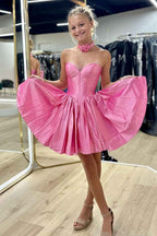 Pink A-Line Sweetheart Corset Satin Short Homecoming Dress
