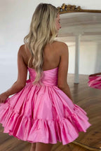 A Line Fuchsia Strapless Tiered Short Homecoming Dress with Bow