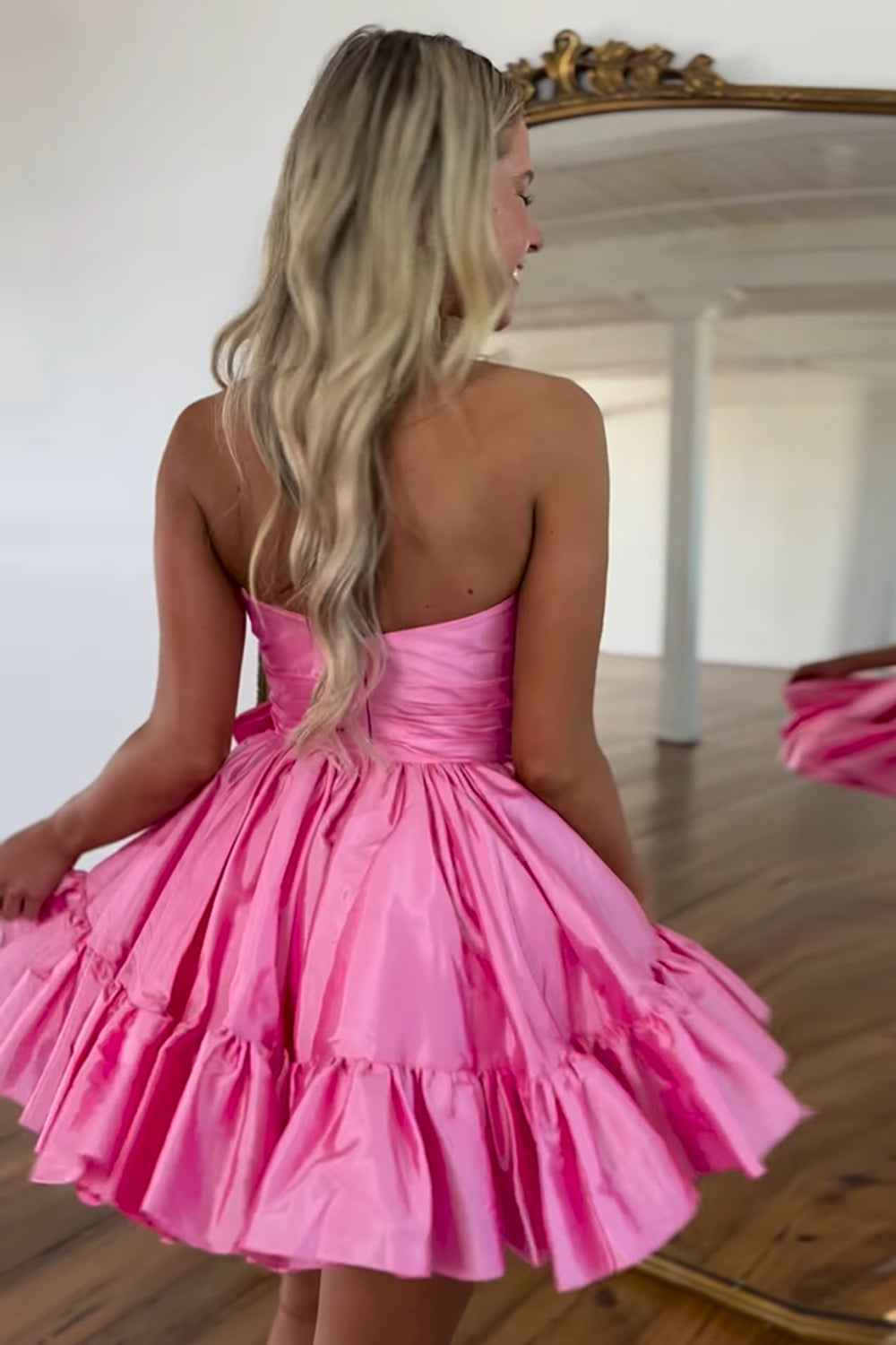 A Line Fuchsia Strapless Tiered Short Homecoming Dress with Bow