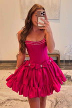 Black Corset Strapless A Line Short Homecoming Dress With Bows