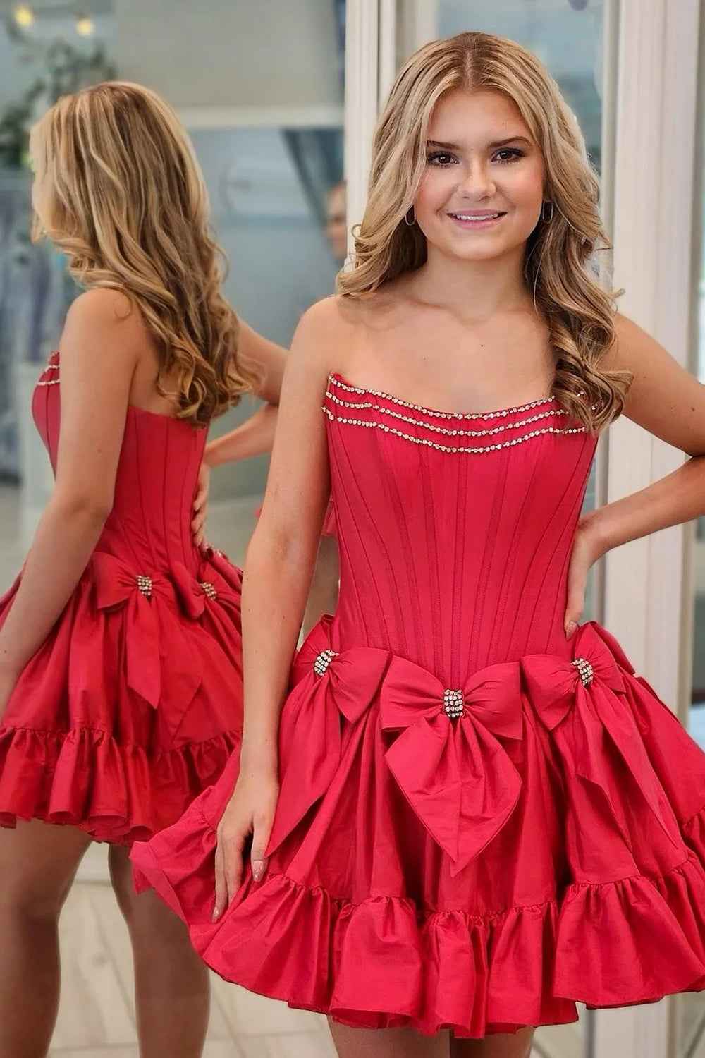 Black Corset Strapless A Line Short Homecoming Dress With Bows