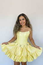 Black Corset Strapless A Line Short Homecoming Dress With Bows