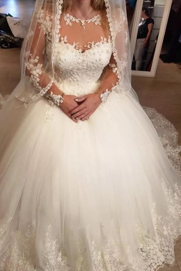 Sweetheart Long A-Line Tulle Wedding Dress with Sleeves BM bride