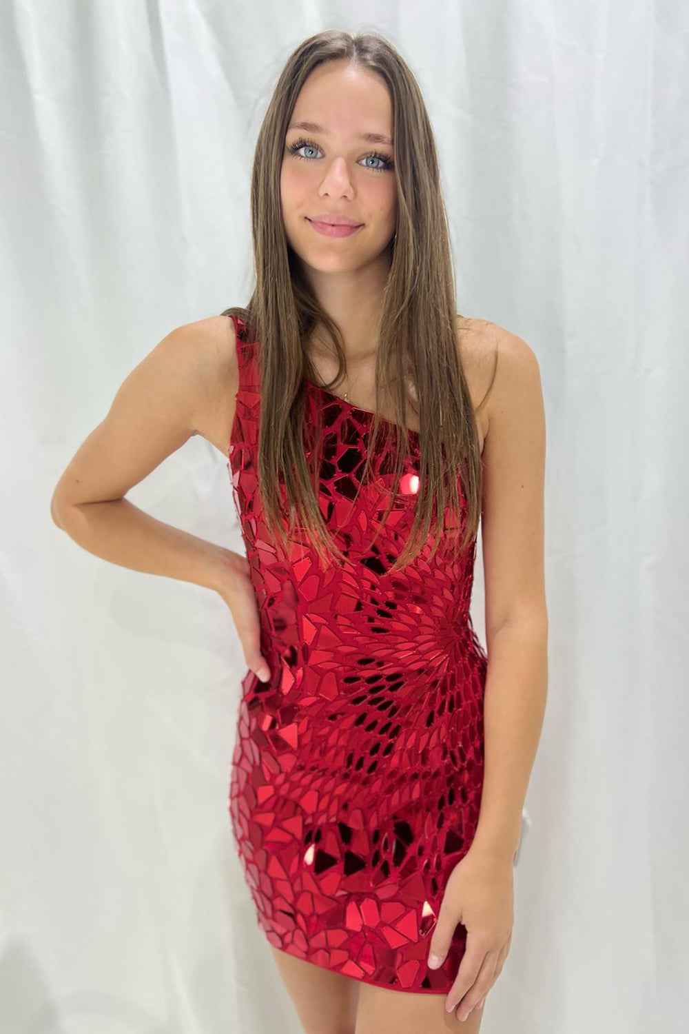 Sparkly Fuchsia Mirror One Shoulder Tight Short Homecoming Dress Bmbride