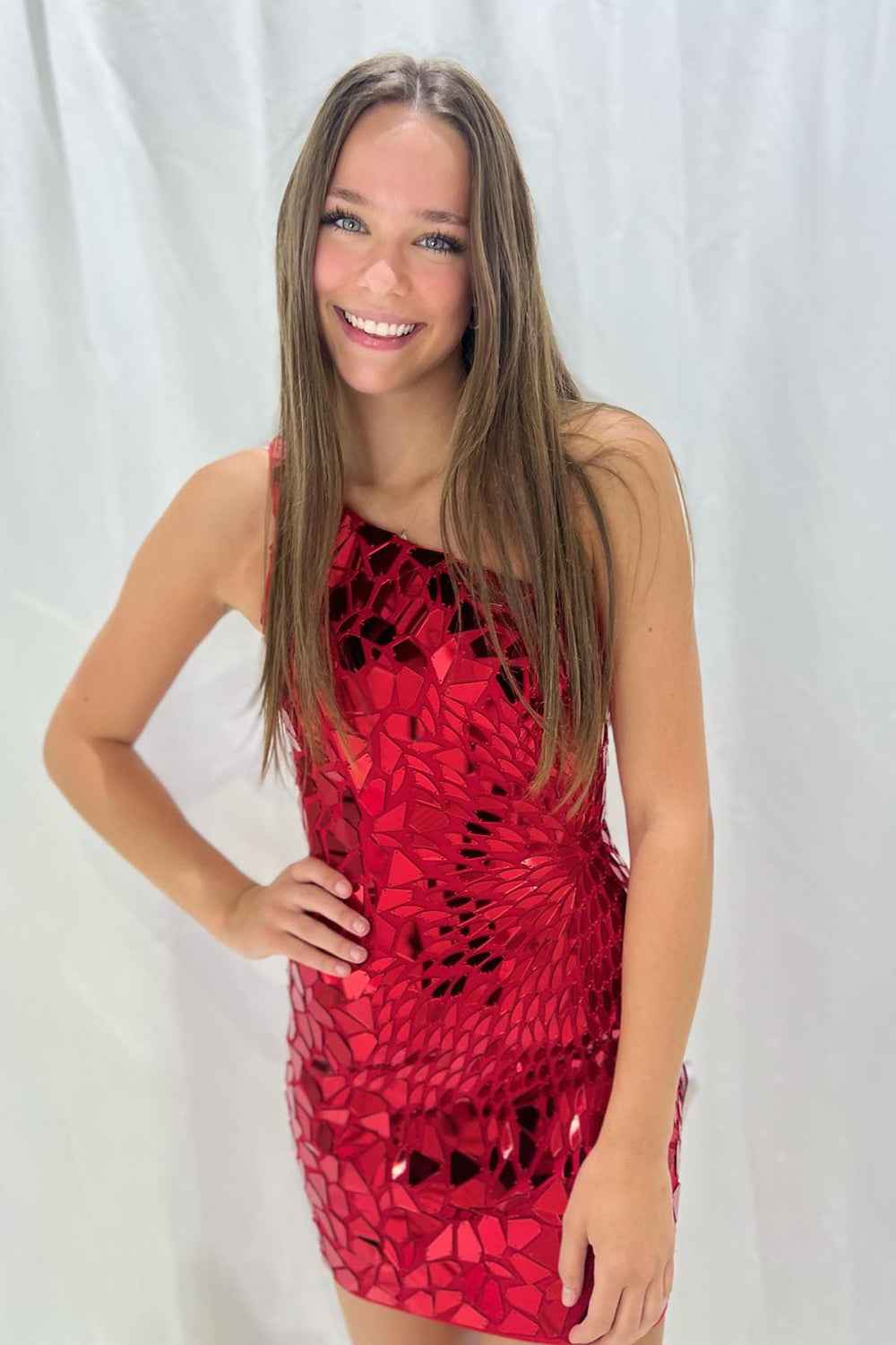 Sparkly Fuchsia Mirror One Shoulder Tight Short Homecoming Dress Bmbride