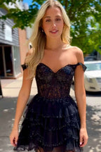 Sparkly Black Corset Ruffled Short Homecoming Dress With Lace Bmbride